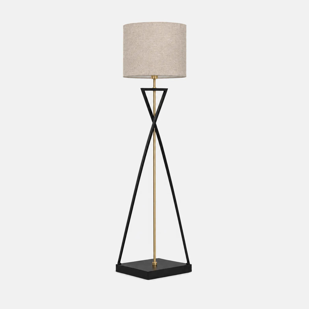 Lampadaire Teva 158 cm, pied sablier noir et abat-jour en lin, sur fond uni
