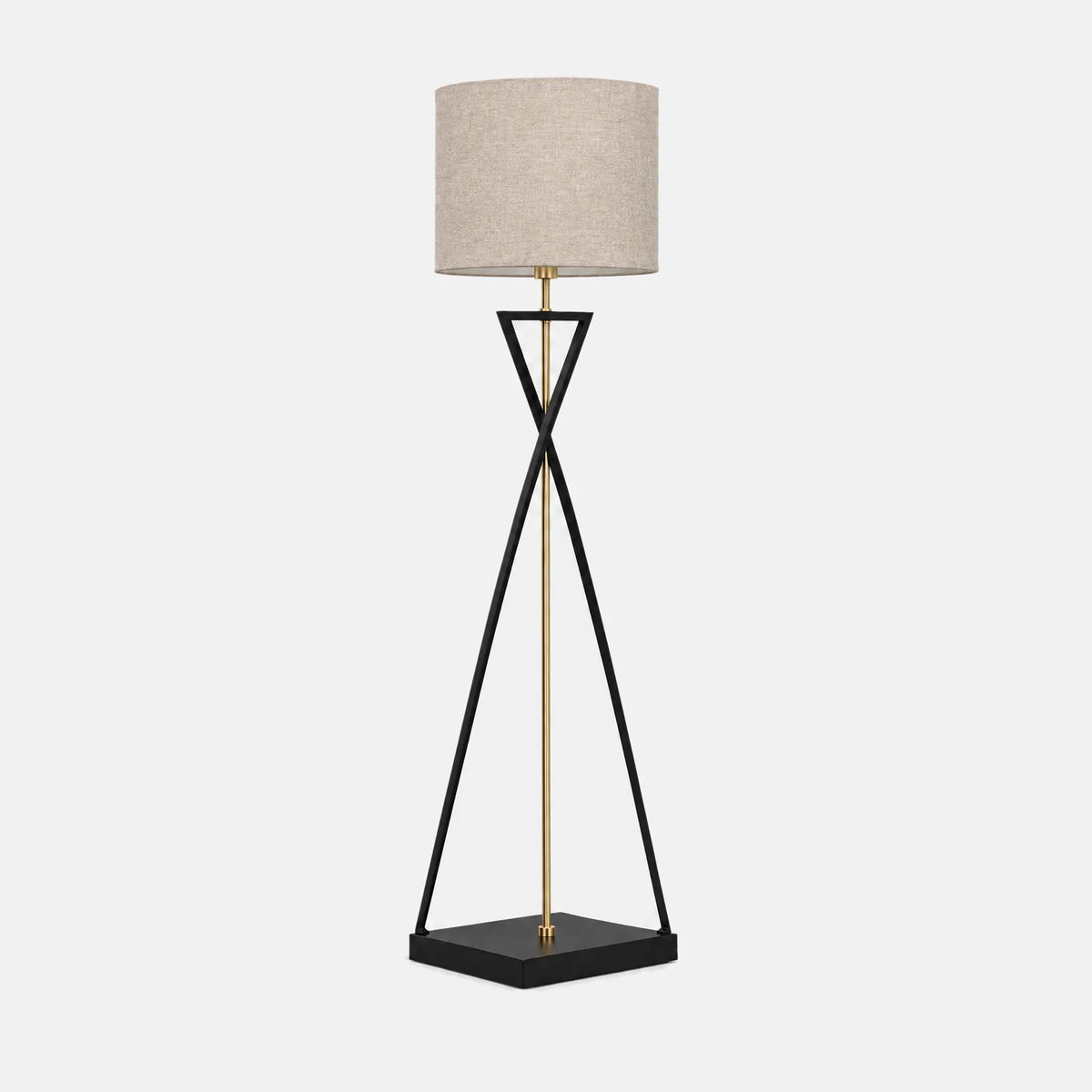 Lampadaire Teva 158 cm, pied sablier noir et abat-jour en lin, sur fond uni