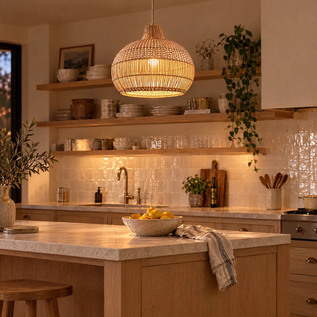 Luminaire en rotin Hyota suspendu dans une cuisine lumineuse