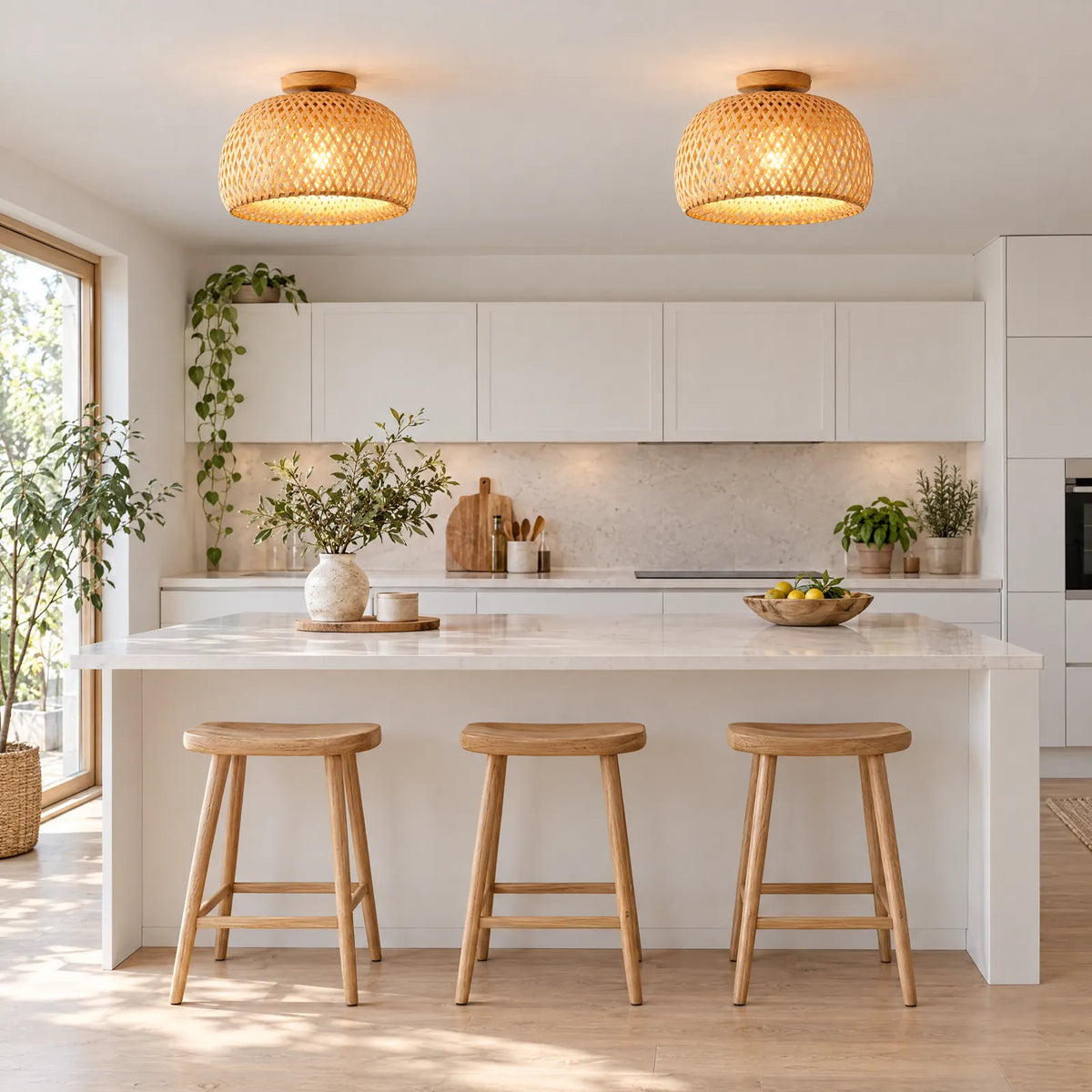 Deux plafonniers en bambou Valux dans une cuisine lumineuse Image