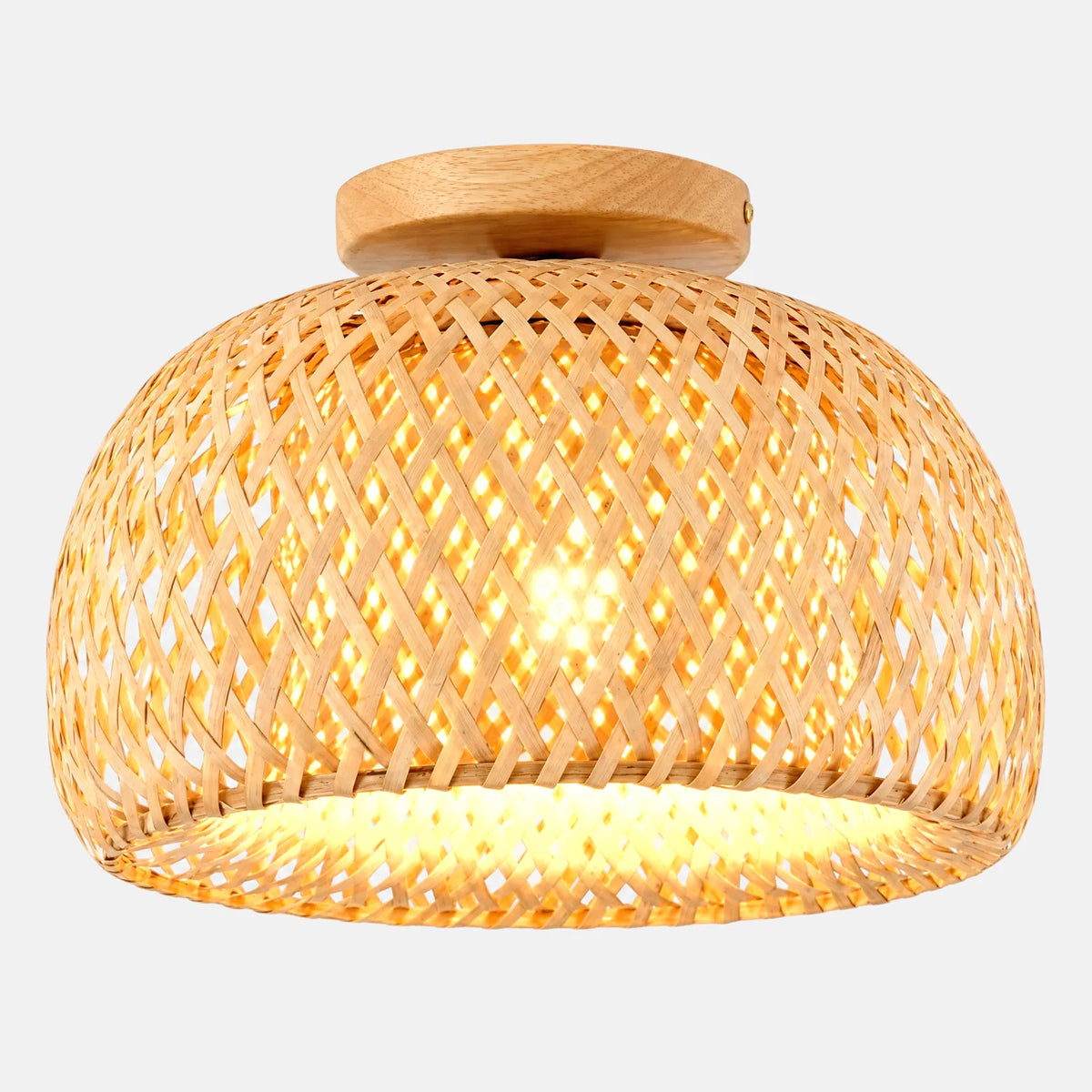 Plafonnier Valux en bambou tressé, dôme de 30 cm, sur fond uni