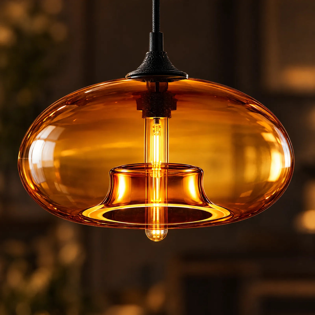 Détail du verre soufflé ambré et de l'ampoule allumée de la suspension Yva