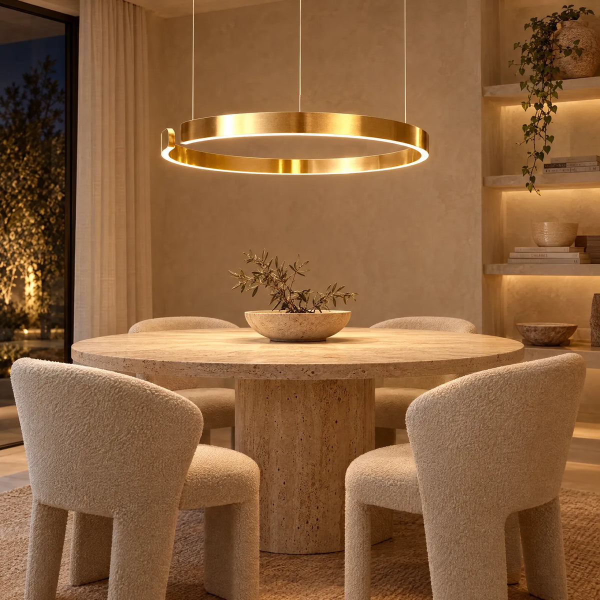 Suspension anneau LED Iva dorée allumée au-dessus d'une table en travertin