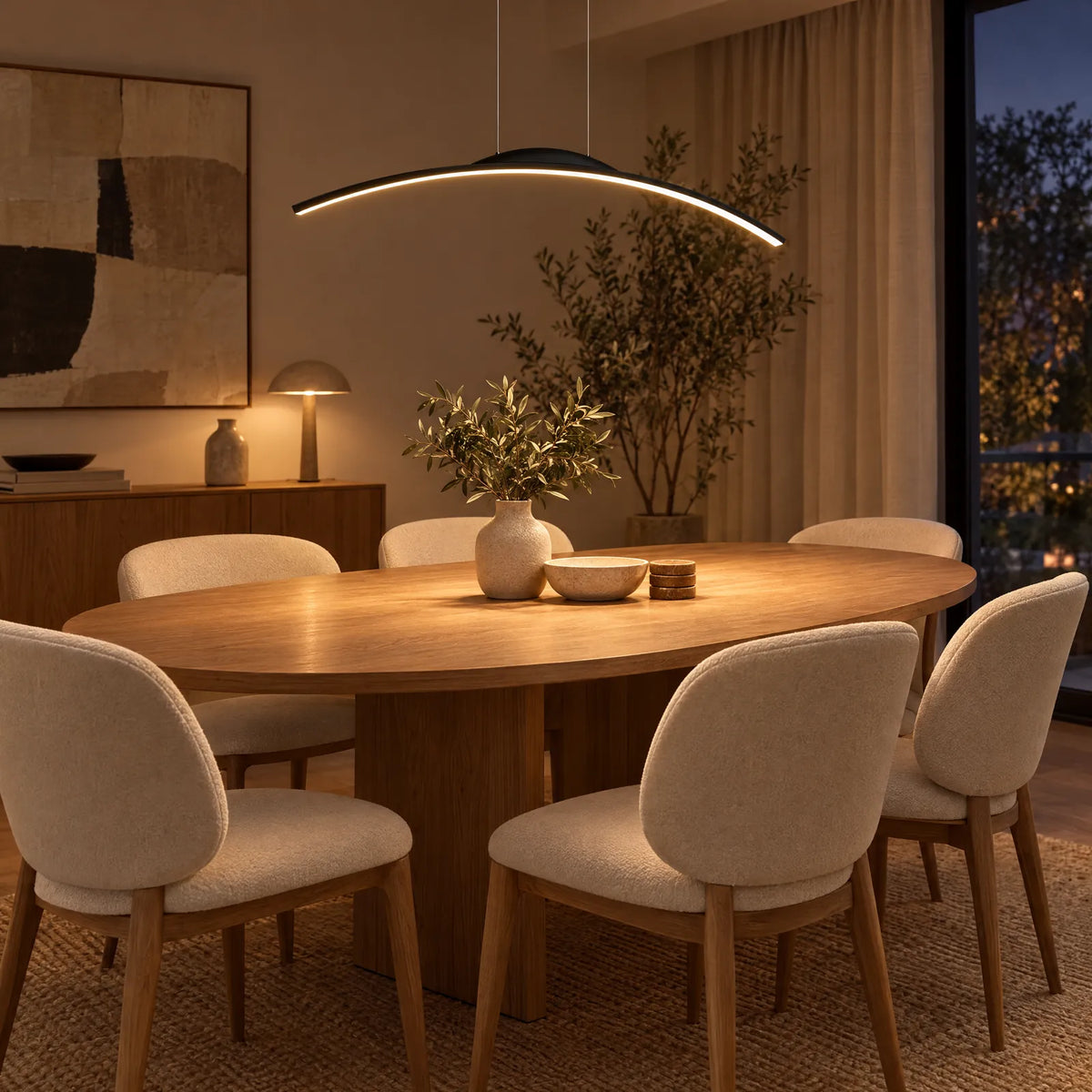 Suspension LED arc Sky noire allumée au-dessus d'une table ovale