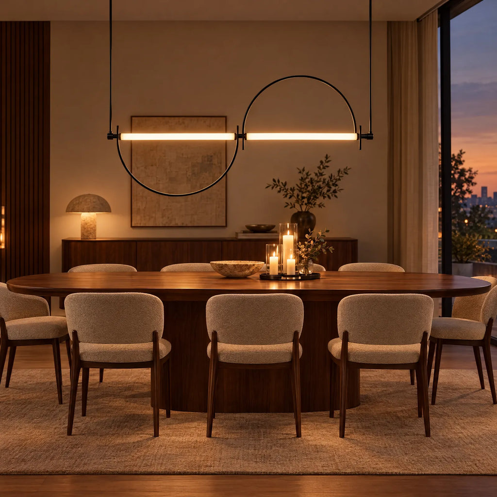 Lustre Zaro noir allumé au-dessus d'une table à manger ovale