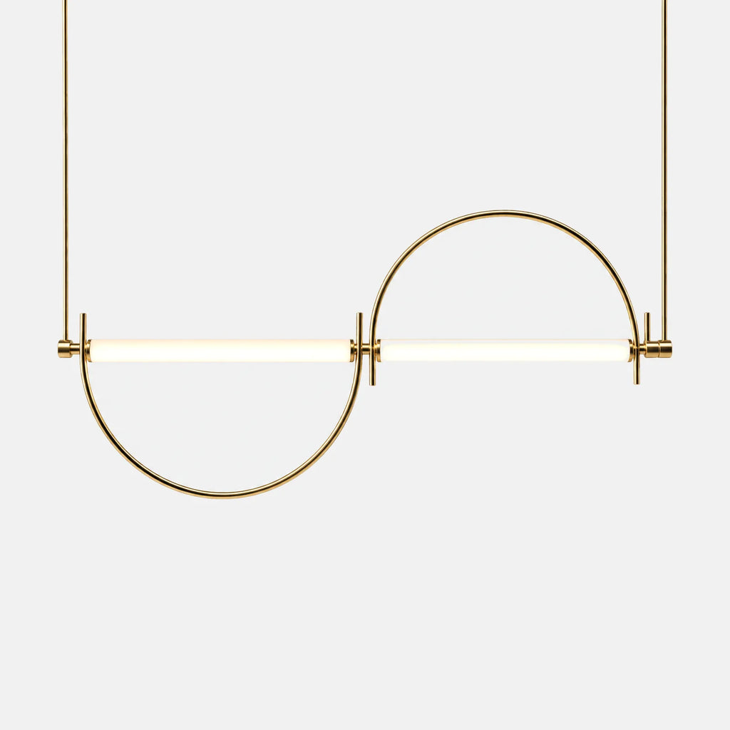 Lustre design LED Zaro doré, tube lumineux de 200 cm et deux demi-cercles, sur fond uni