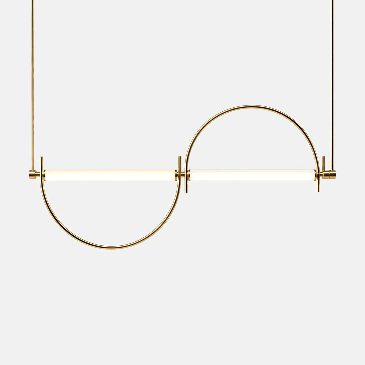 Lustre design LED Zaro doré, tube lumineux de 200 cm et deux demi-cercles, sur fond uni