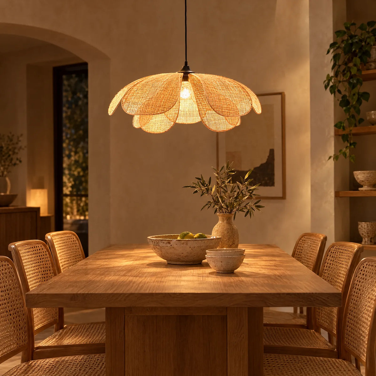 Suspension fleur en rotin Flora allumée au-dessus d'une table en chêne