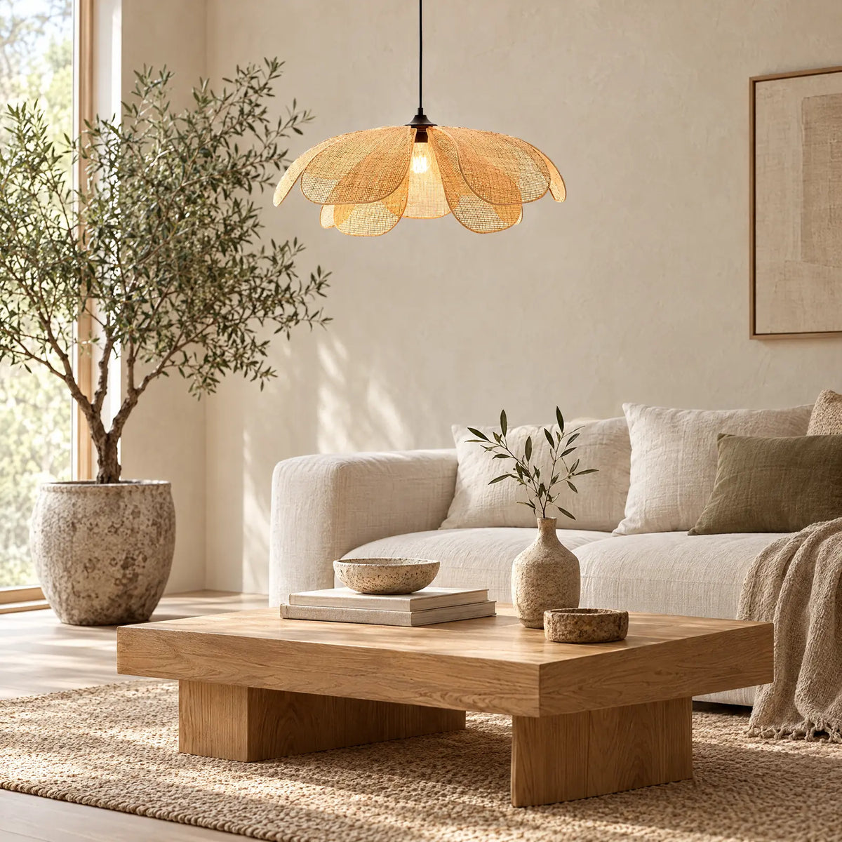Suspension fleur en rotin Flora dans un salon japandi lumineux