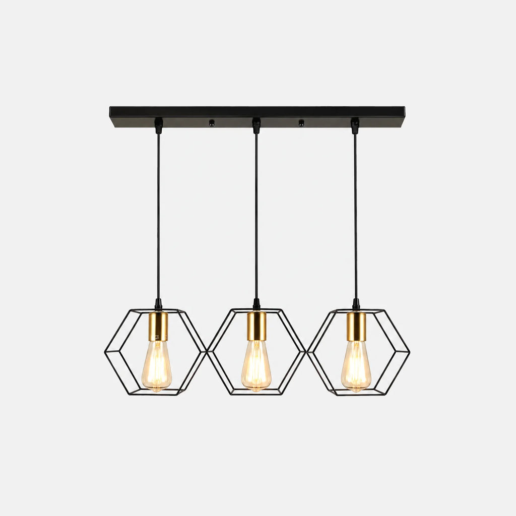 Lustre géométrique Otro 3 lumières, cages hexagonales noires et ampoules à filament, sur fond uni
