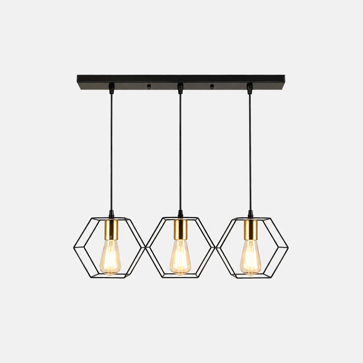 Lustre géométrique Otro 3 lumières, cages hexagonales noires et ampoules à filament, sur fond uni