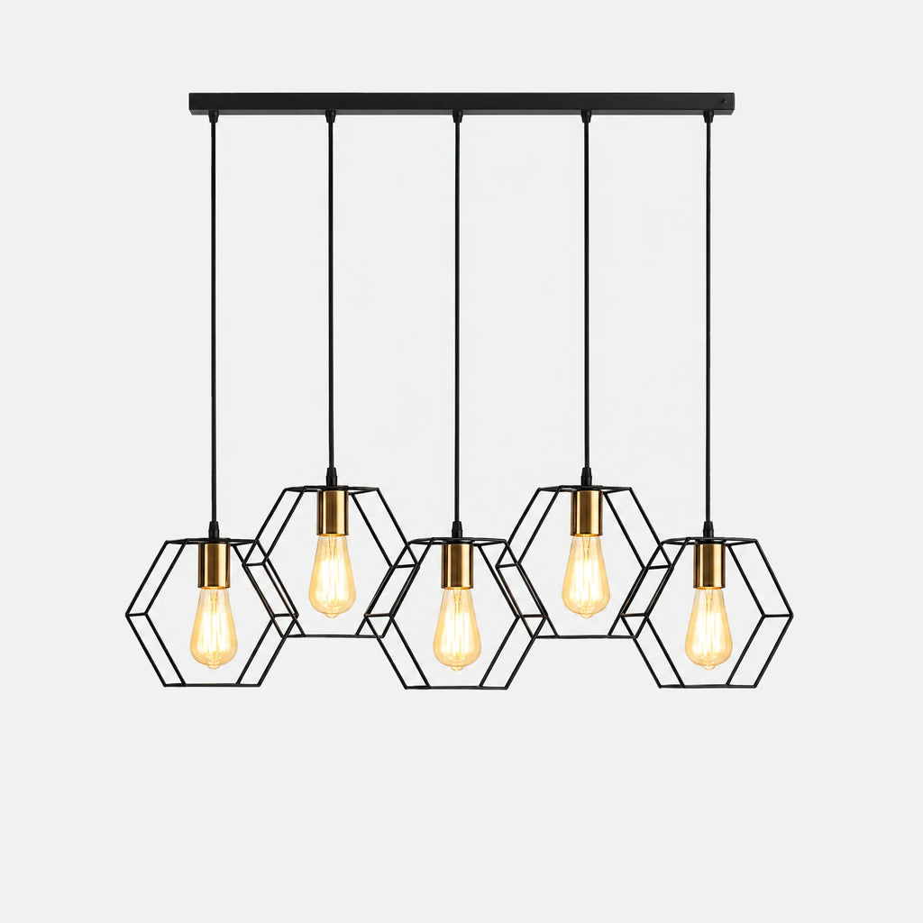 Lustre géométrique Otro 5 lumières, cages hexagonales noires et ampoules à filament, sur fond uni