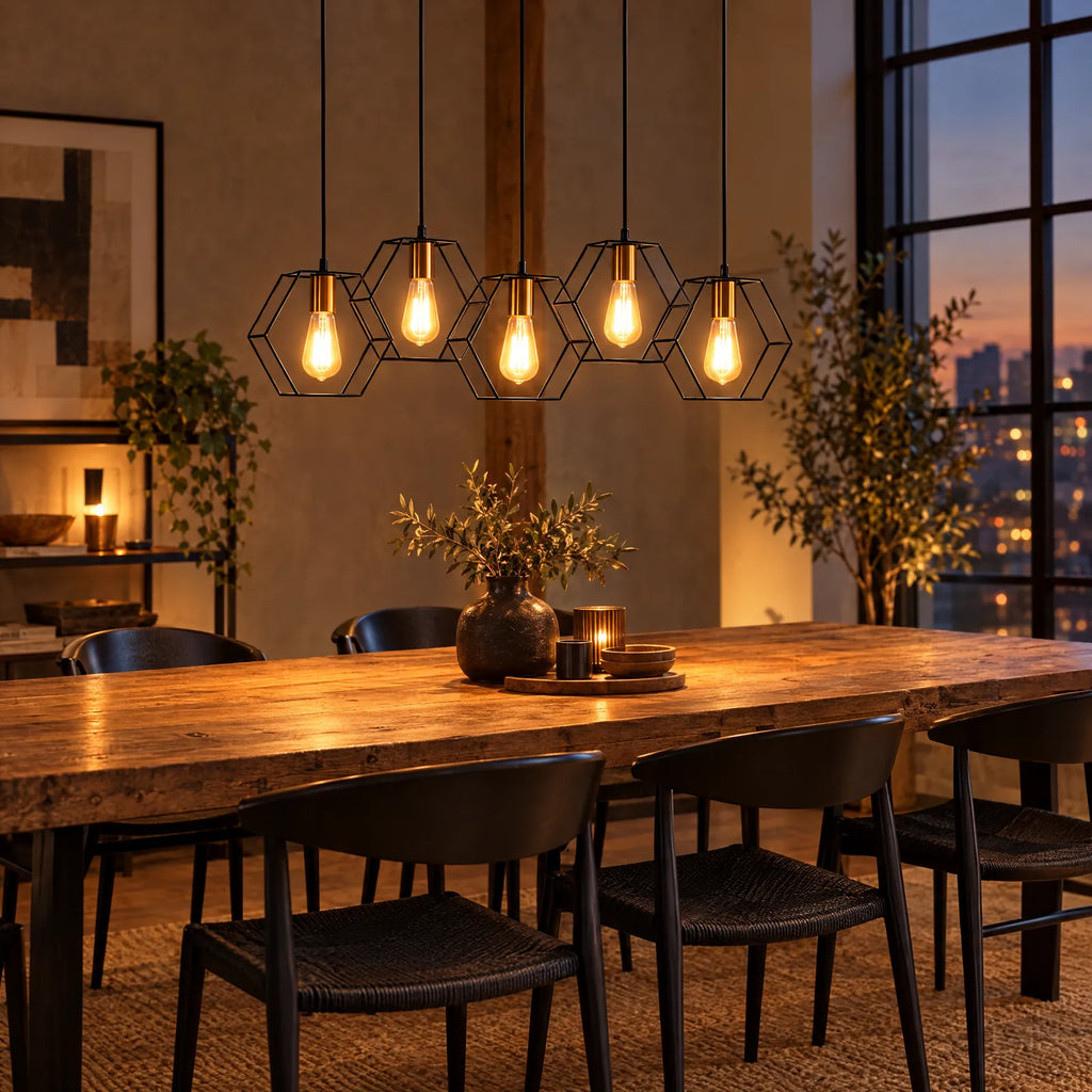Lustre Otro 5 lumières allumé au-dessus d'une table en bois massif