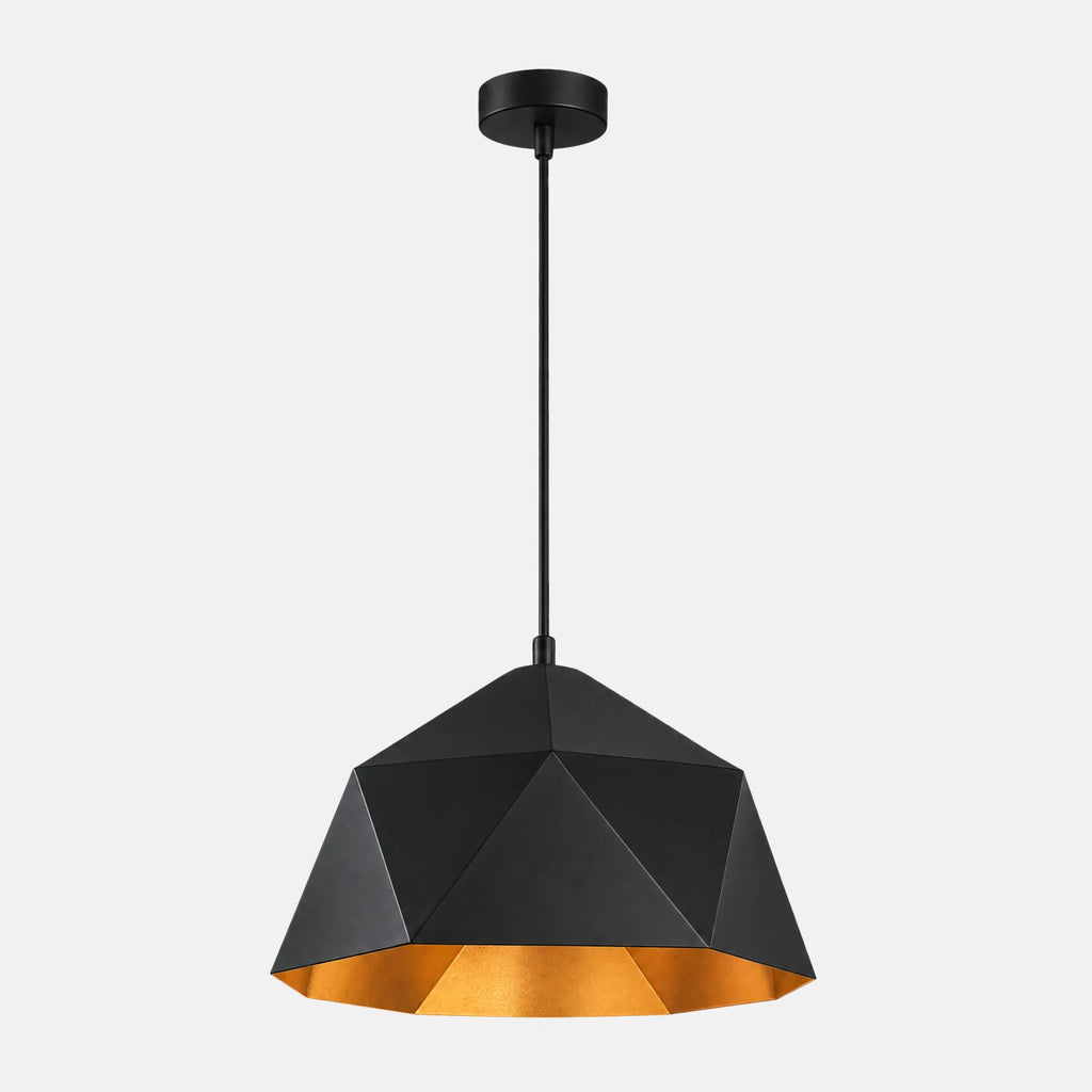 Suspension géométrique Oslo en métal noir, intérieur cuivré, 44 cm, sur fond uni