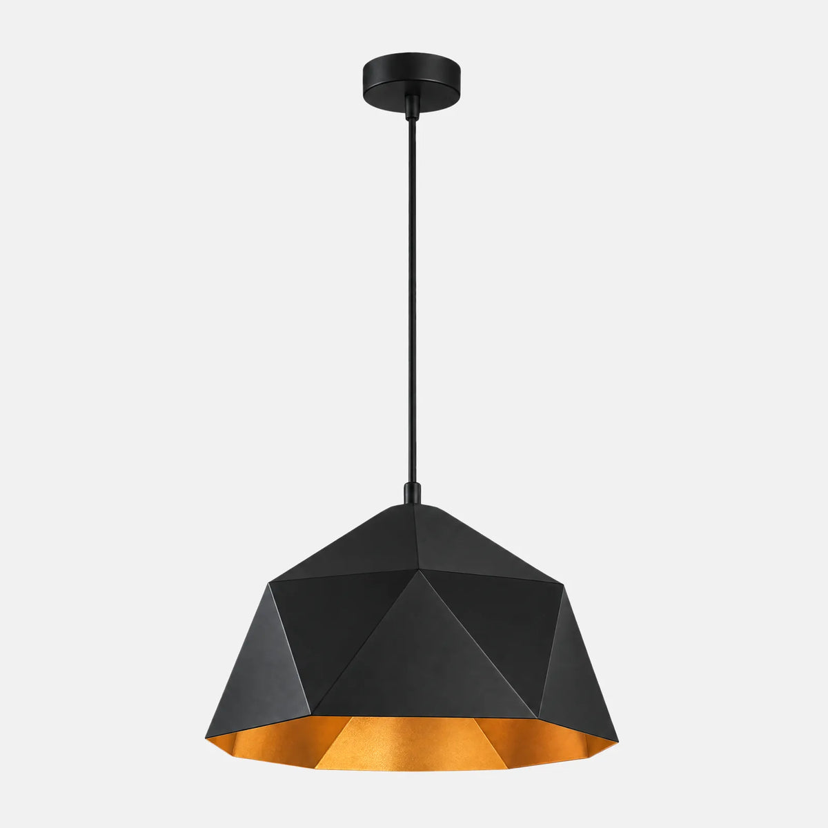 Suspension géométrique Oslo en métal noir, intérieur cuivré, 44 cm, sur fond uni