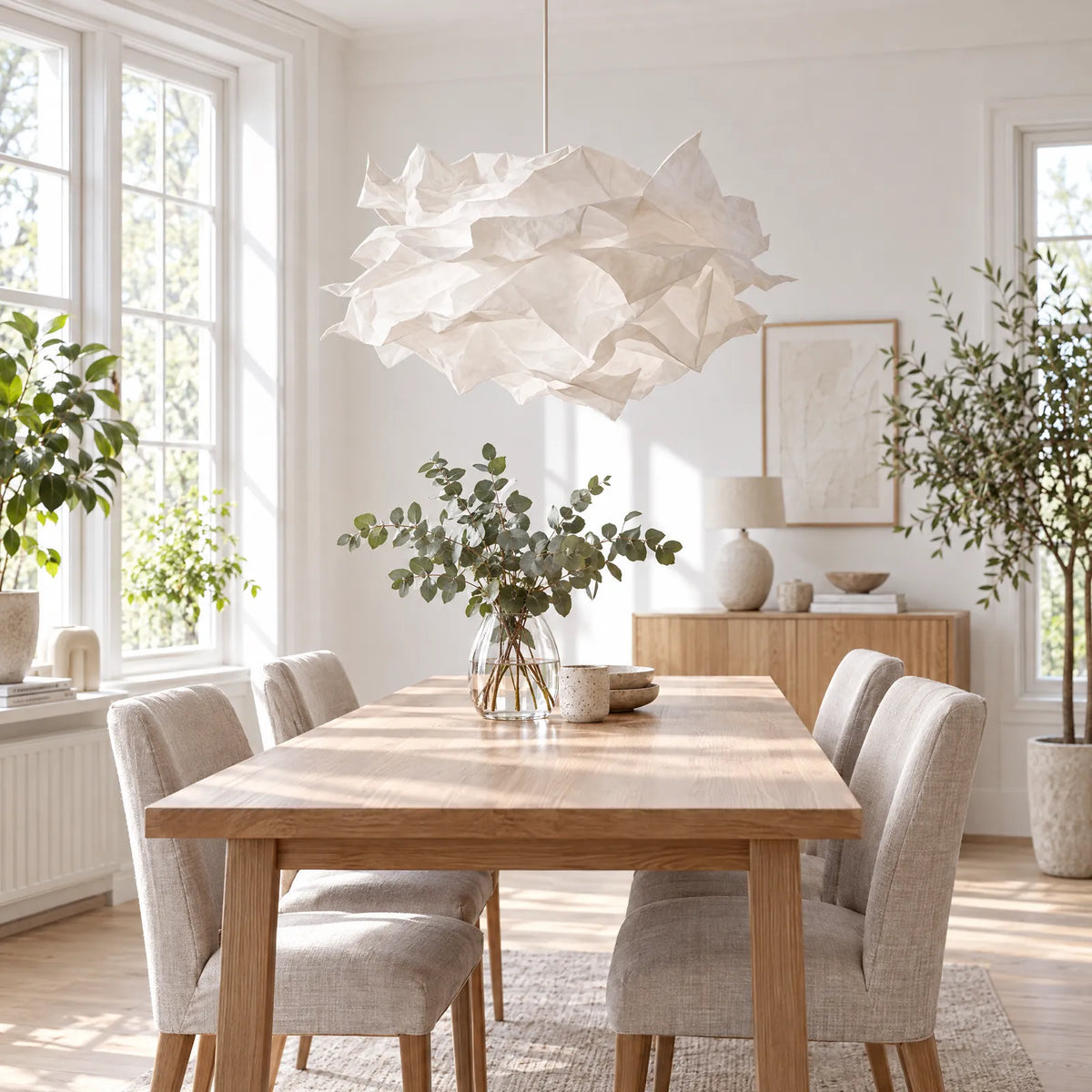 Lustre papier Blanco au-dessus d'une table scandinave