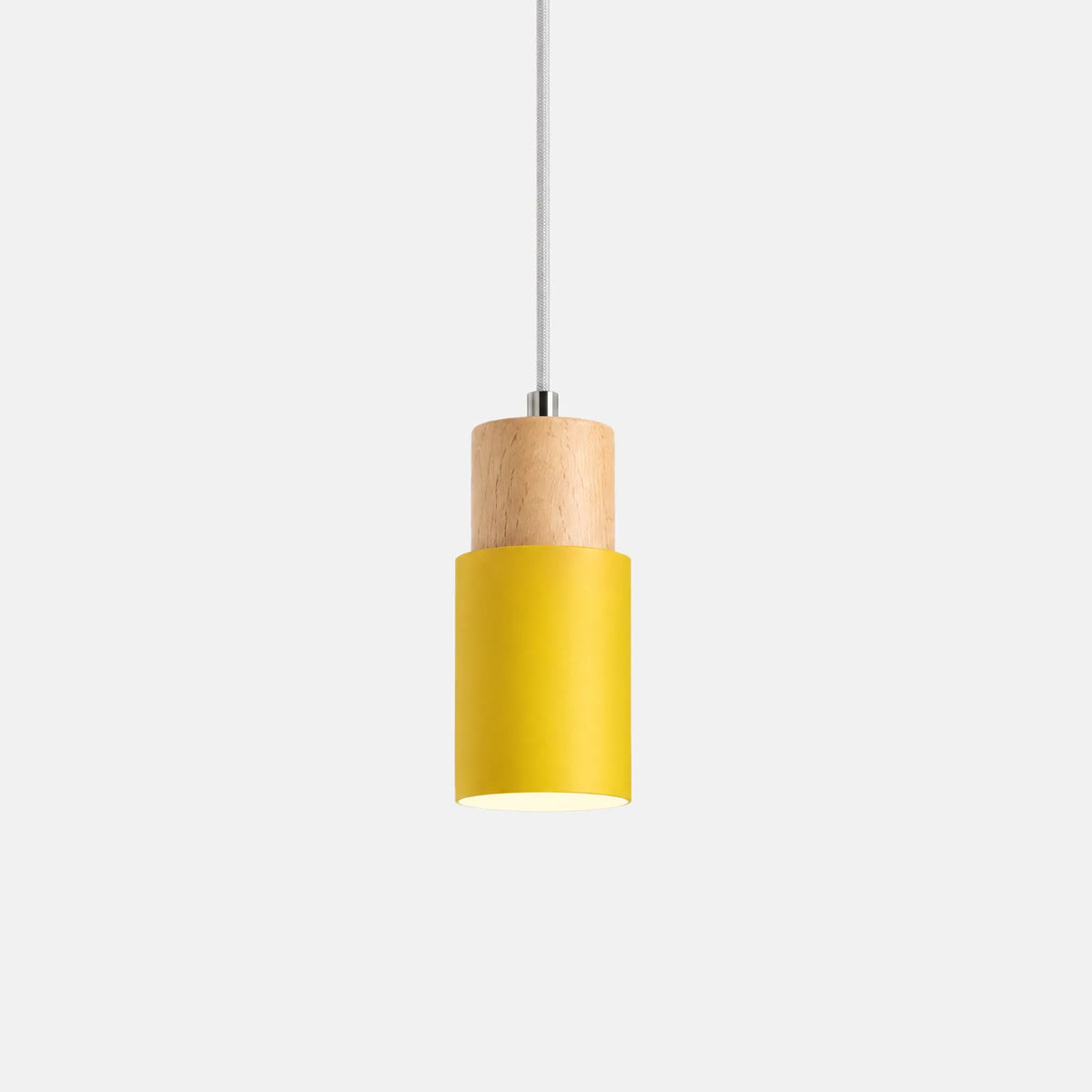 Mini suspension Ori jaune moutarde avec capuchon en bois, sur fond uni