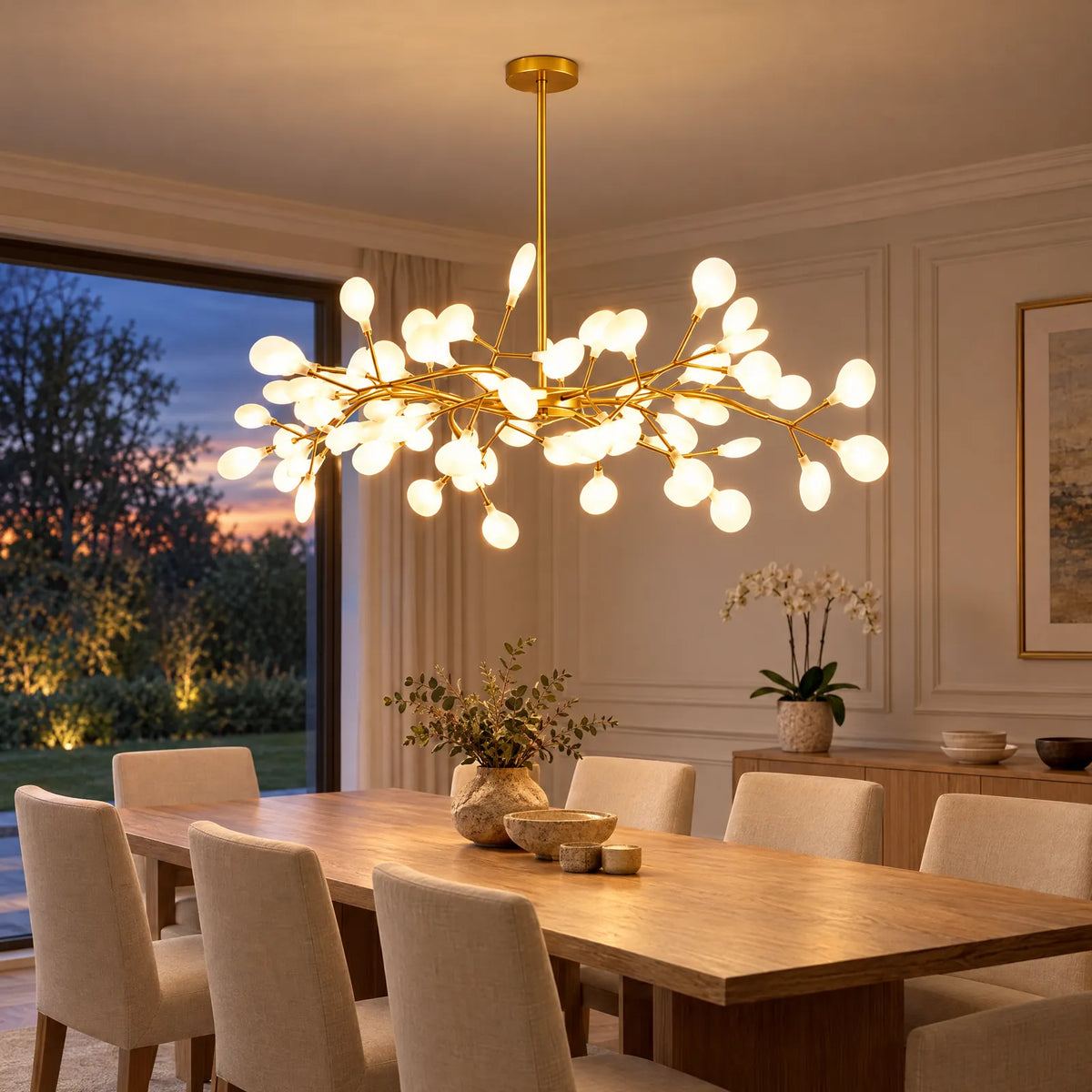 Lustre Oslo doré allumé au-dessus d'une table de salle à manger