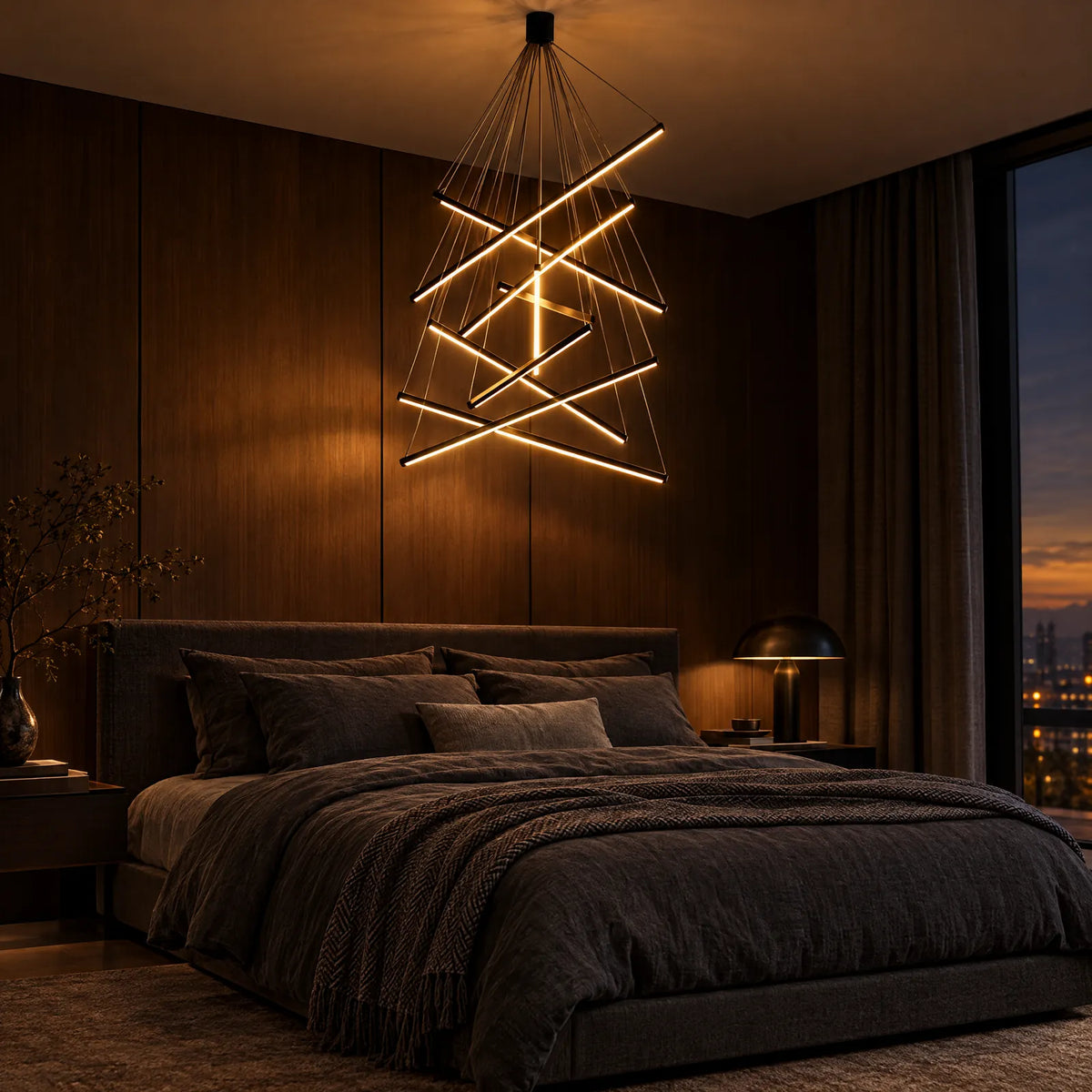 Lustre LED Stela allumé dans une chambre aux boiseries sombres Image