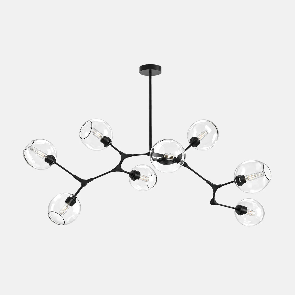 Lustre suspension verre Hora noir, bras ramifiés et globes en verre, photo sur fond uni