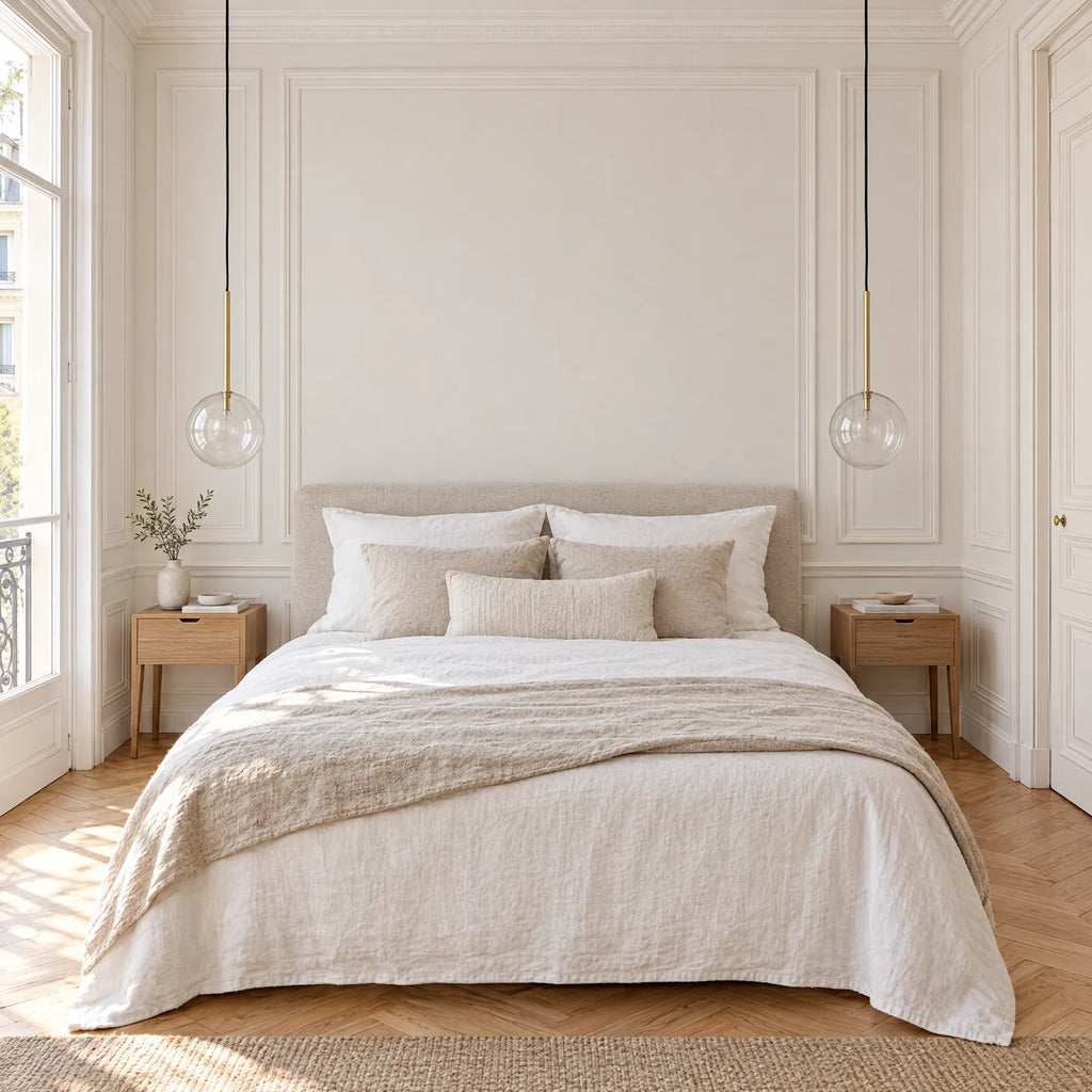 Suspensions globe en verre Xana de chaque côté du lit dans une chambre parisienne