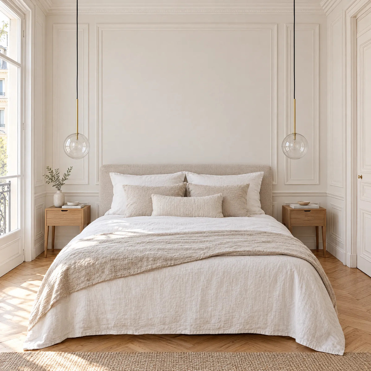 Suspensions globe en verre Xana de chaque côté du lit dans une chambre parisienne