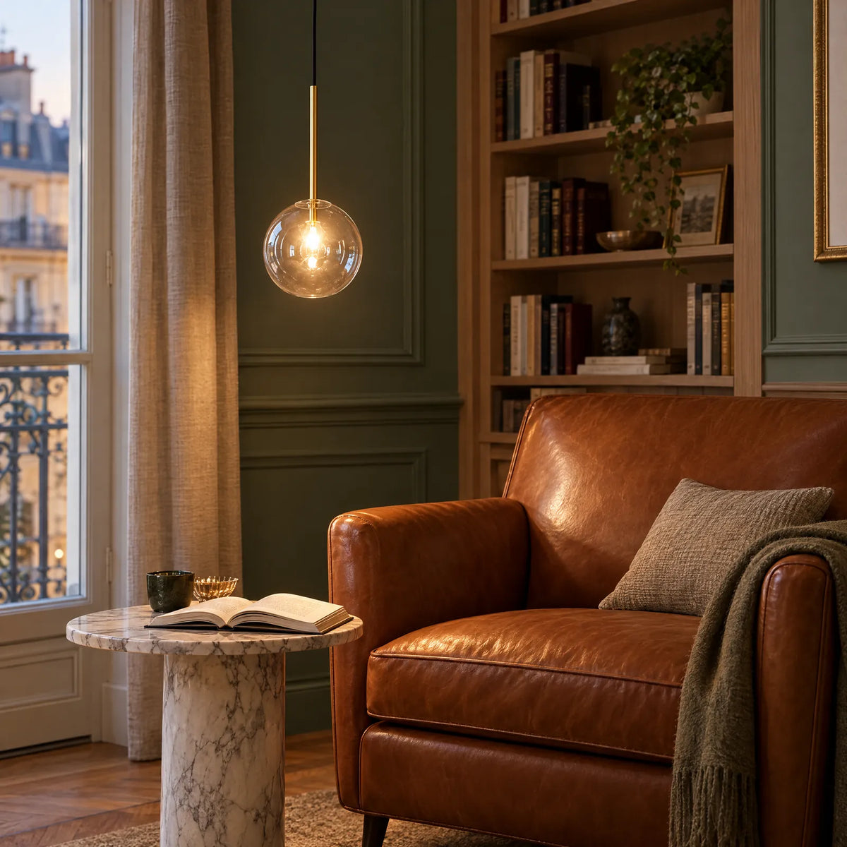 Suspension globe en verre Xana allumée au-dessus d'un fauteuil en cuir Image
