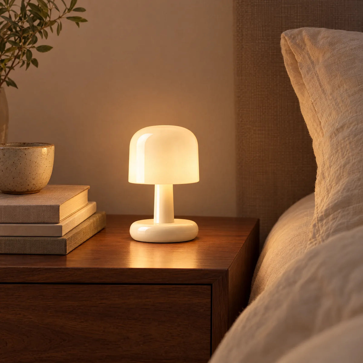 Mini lampe champignon Actis allumée sur une table de chevet