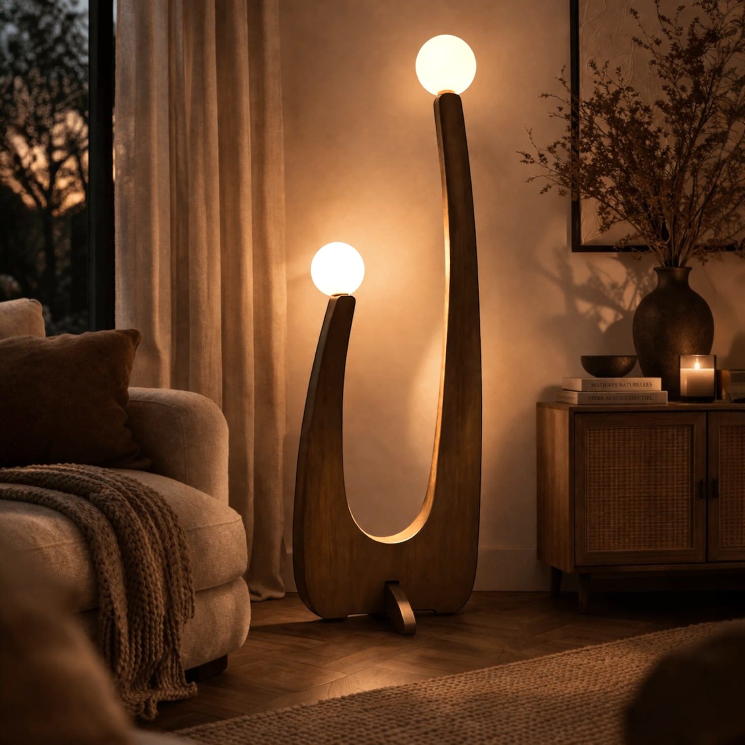 mon-luminaires modern wooden floor lamp with two glowing orbs, ideal for living room or bedroom. Image