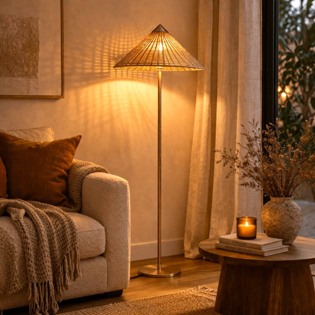 Lampadaire bois rotin - Lumeo Lampadaire bois rotin - Lumeo Éclairez votre intérieur