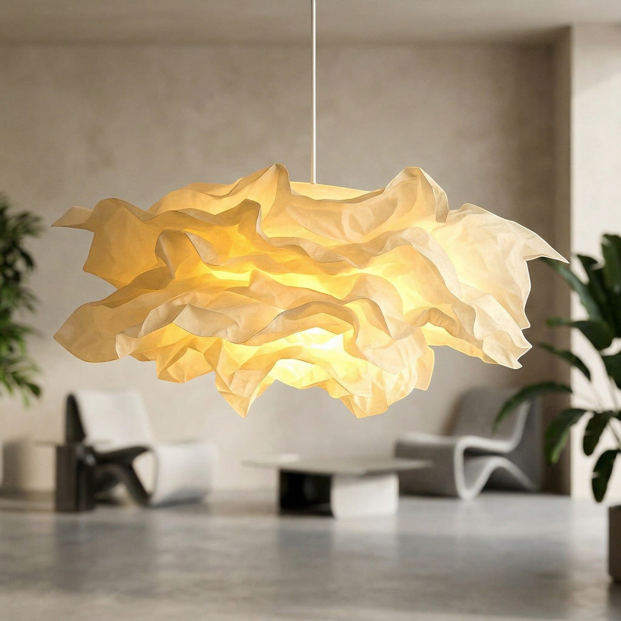mon-luminaires white paper cloud chandelier with ruffled texture, modern style, ideal for bedrooms and living rooms. Image