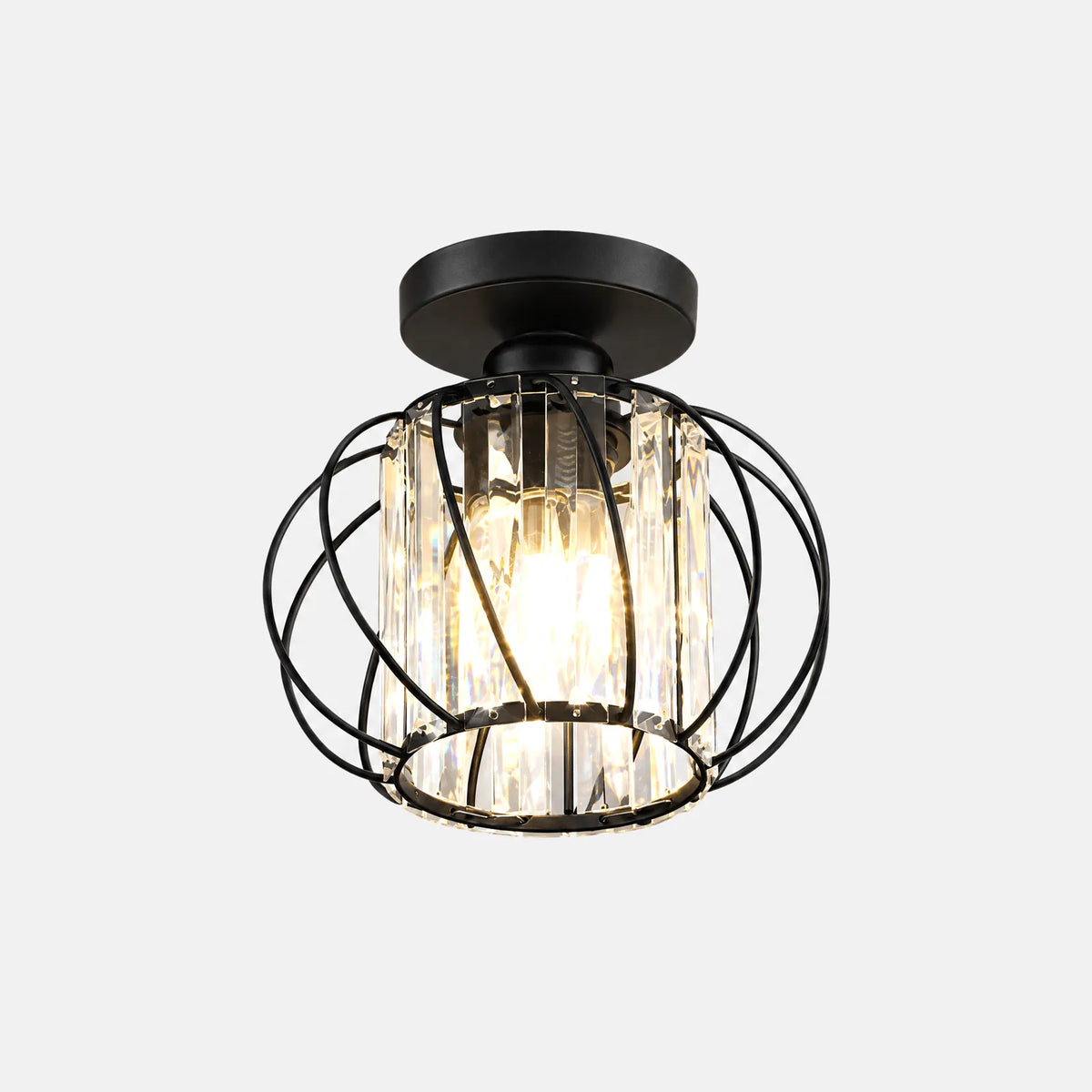 Plafonnier Balis noir, cage en métal et abat-jour en cristal, sur fond uni
