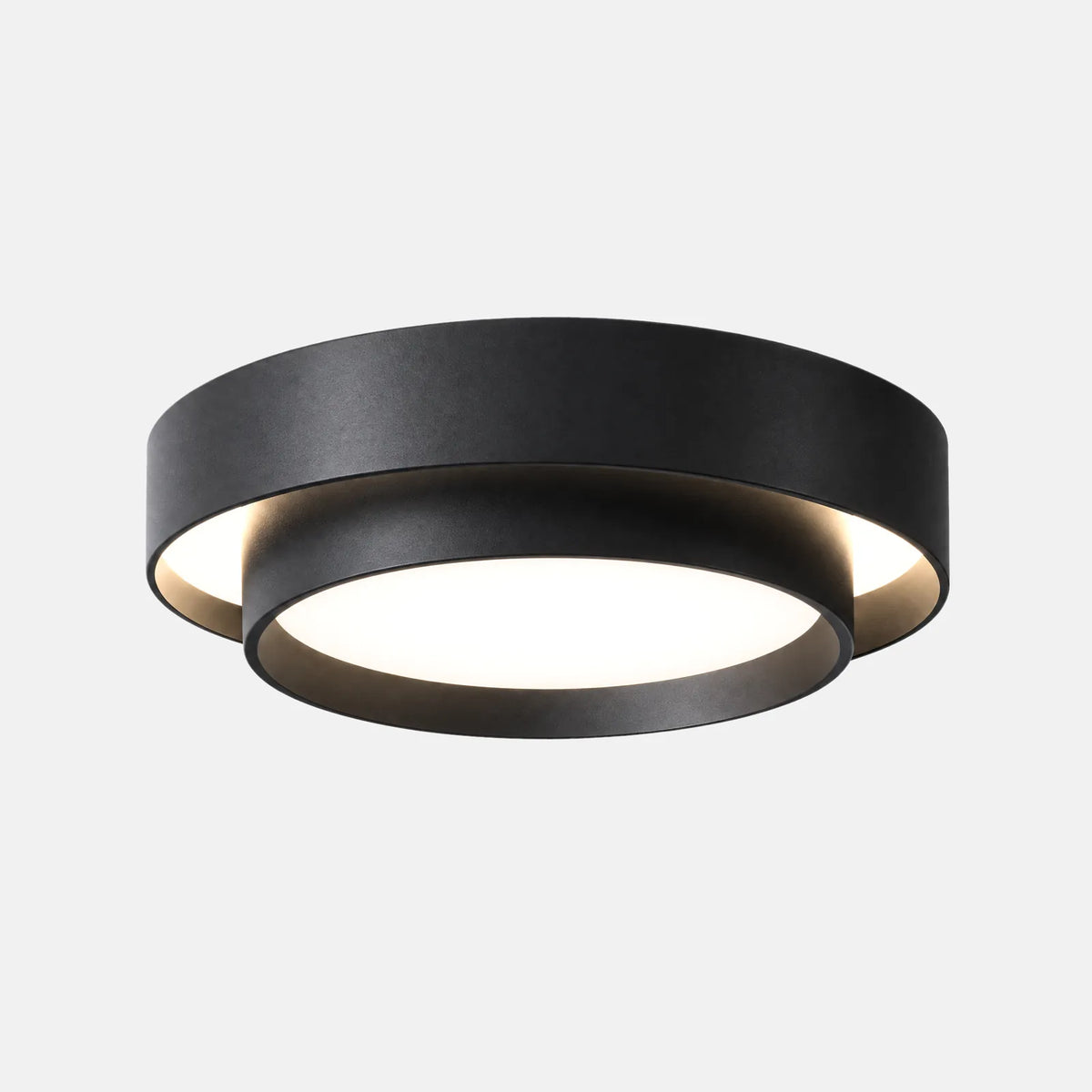 Plafonnier intérieur Yalis noir, double anneau décalé et diffuseur LED, sur fond uni