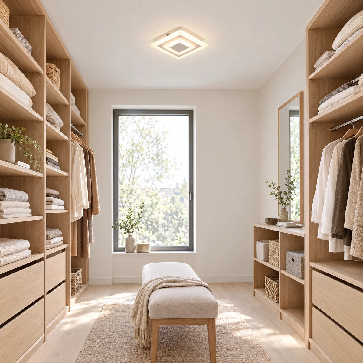 Plafonnier LED carré Kaalis blanc dans un dressing lumineux Image