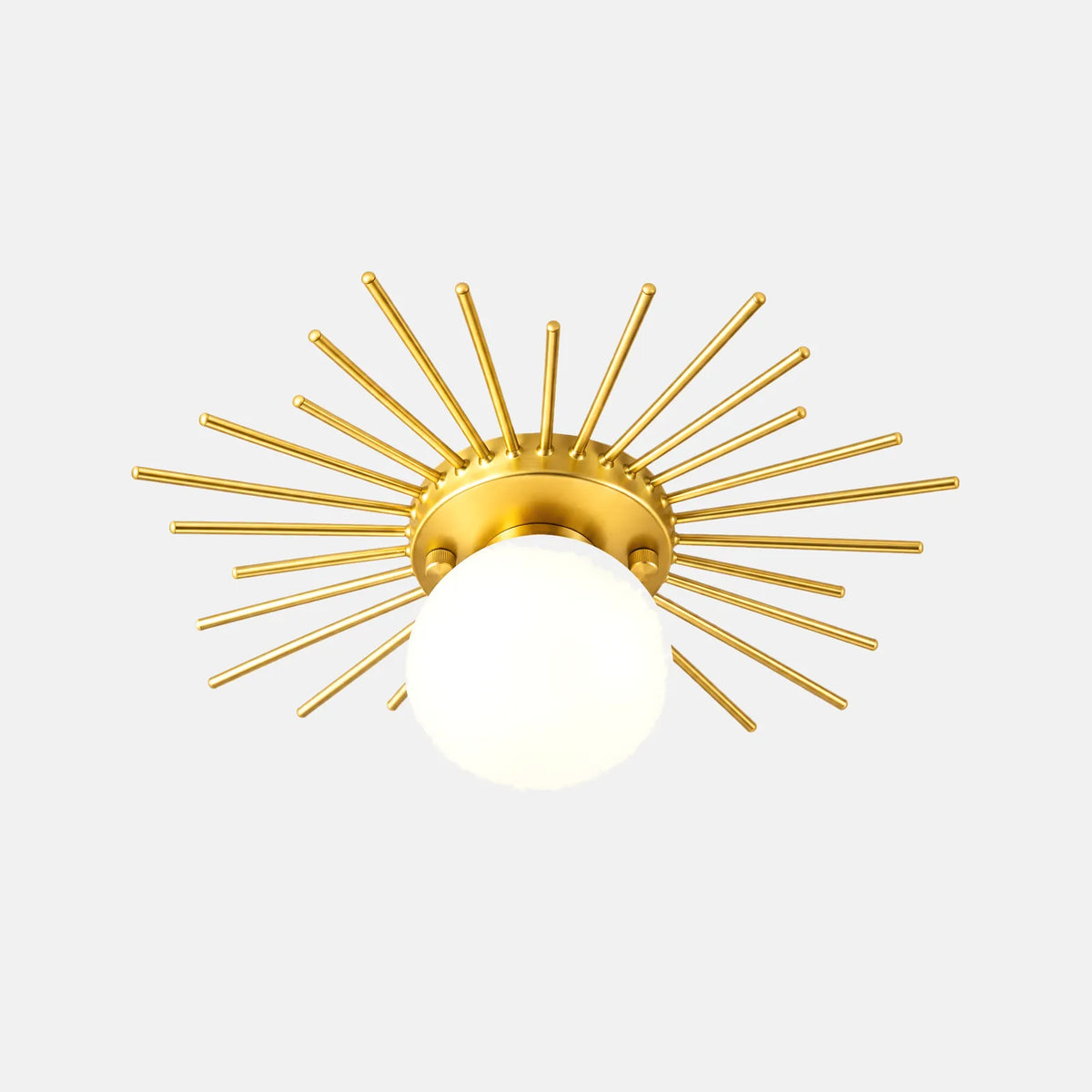 Plafonnier soleil Avia, rayons dorés et globe opalin, 25 cm, sur fond uni