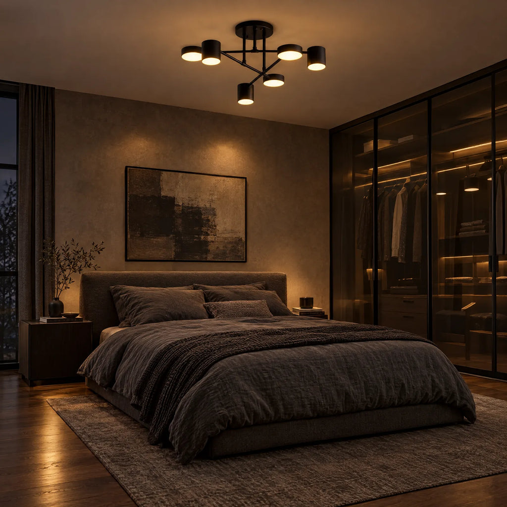 Plafonnier LED Oxmo noir allumé dans une chambre