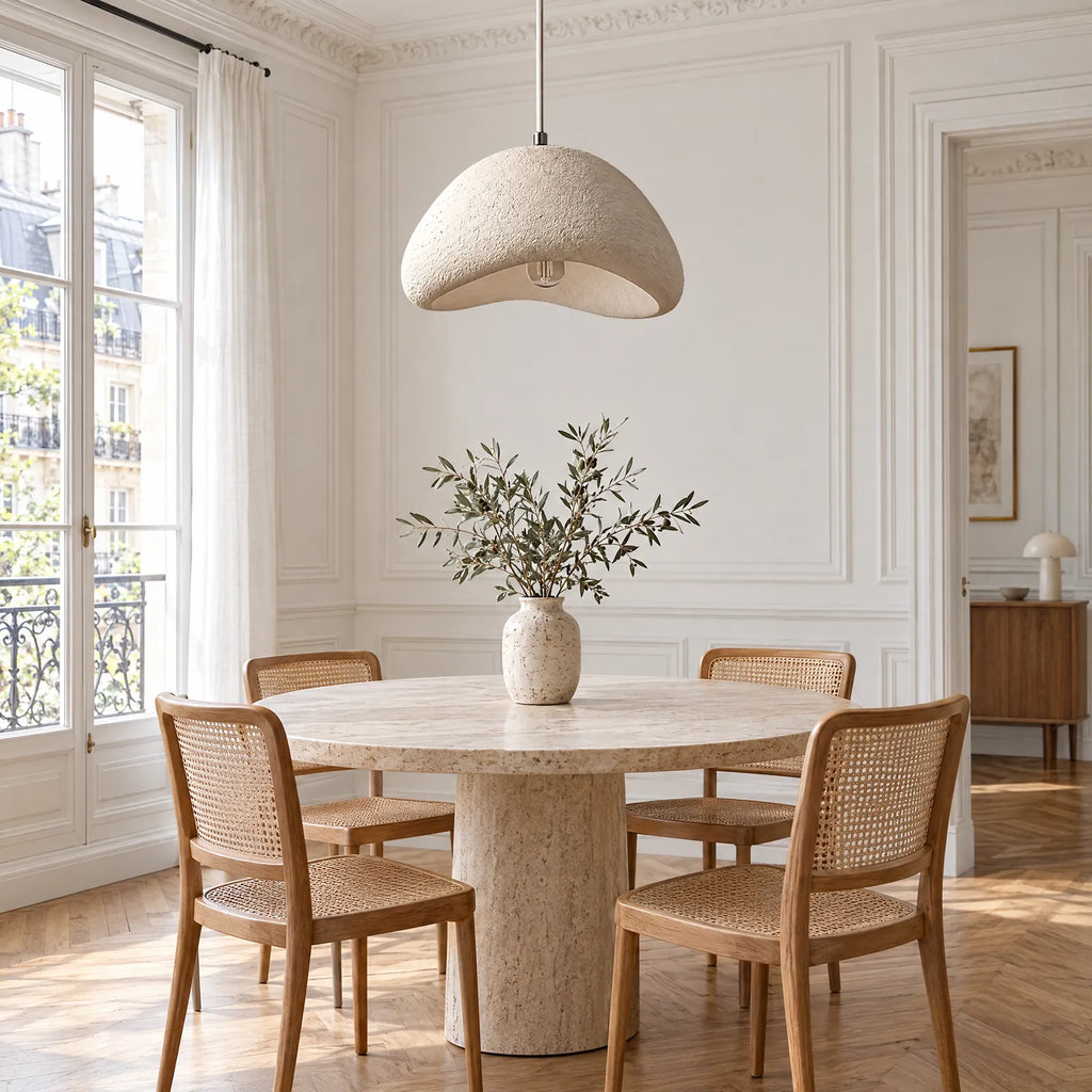 Suspension Hiro au-dessus d'une table ronde en travertin dans une salle à manger parisienne