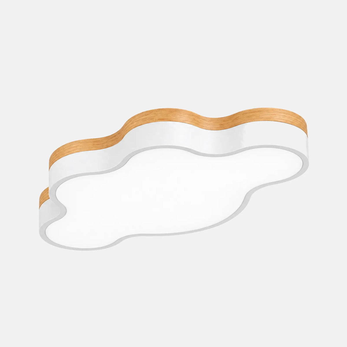 Plafonnier LED nuage Sky blanc avec liseré en bois de chêne, sur fond uni