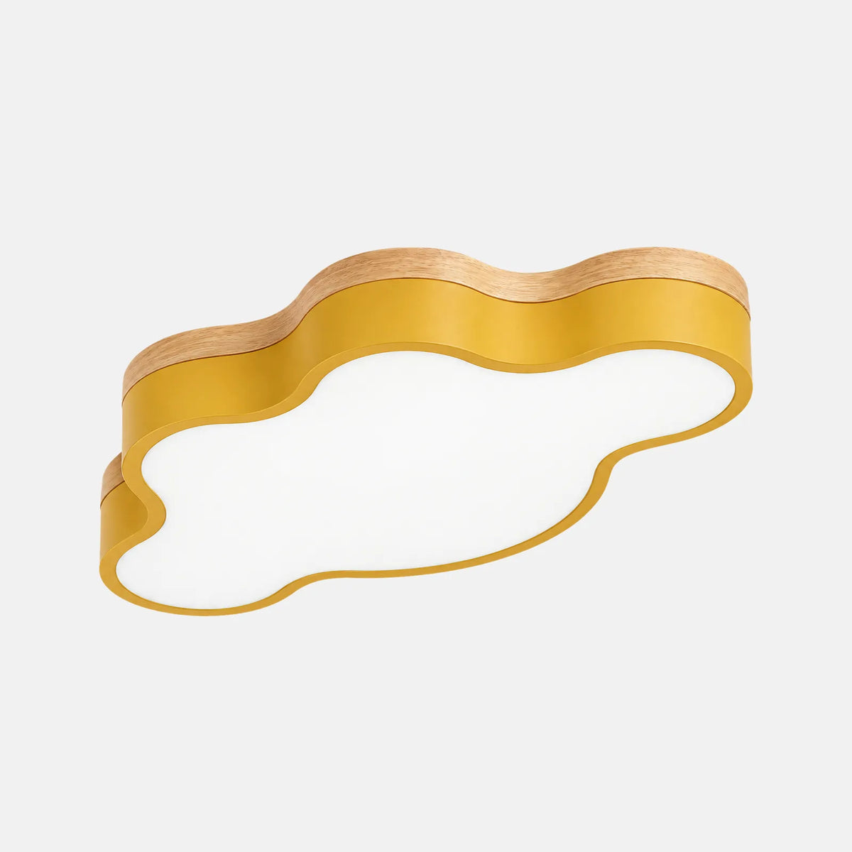Plafonnier LED nuage Sky jaune moutarde avec liseré en bois de chêne, sur fond uni
