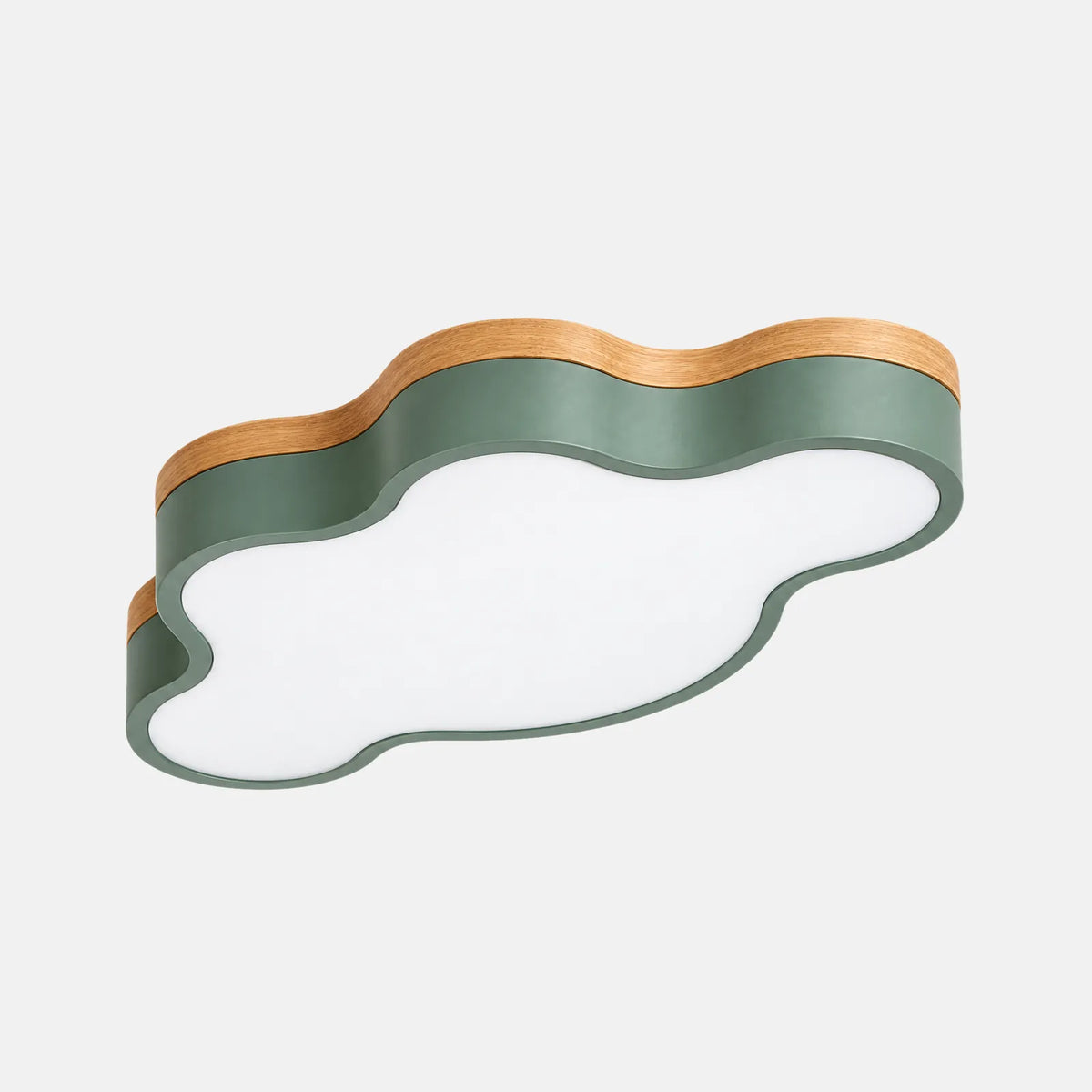 Plafonnier LED nuage Sky vert sauge avec liseré en bois de chêne, sur fond uni