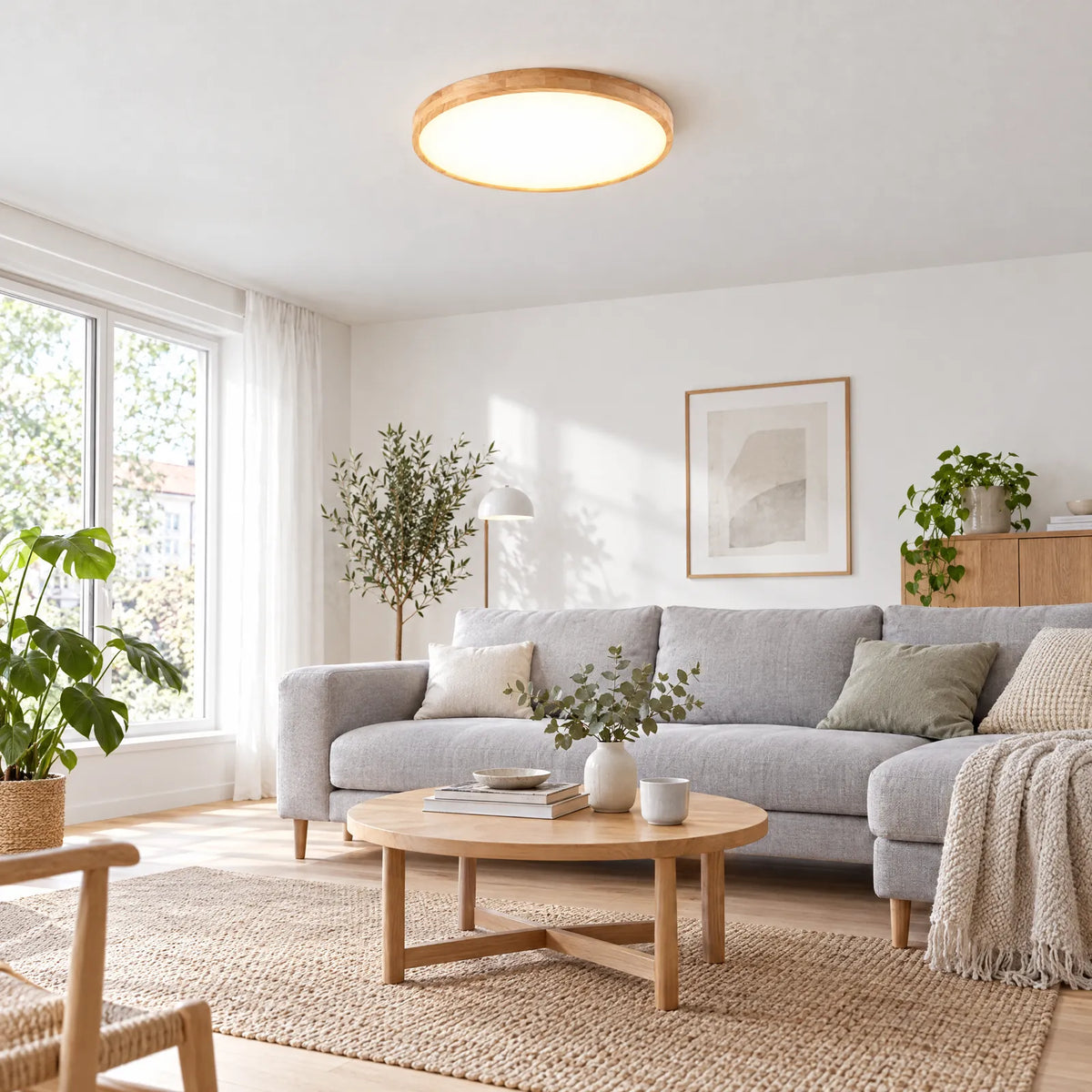 Plafonnier rond en bois Melo dans un salon scandinave