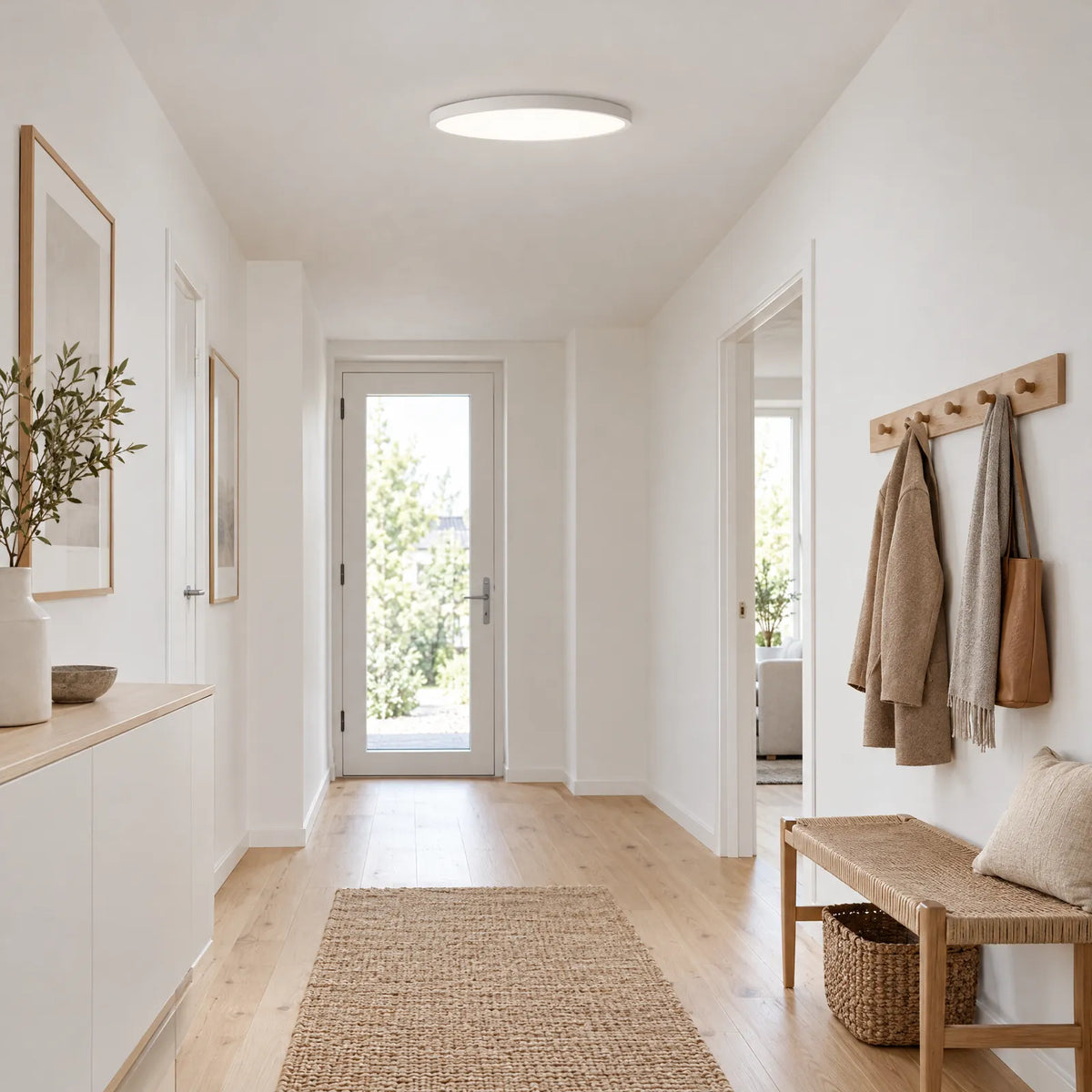 Plafonnier LED rond Evi blanc dans une entrée lumineuse Image