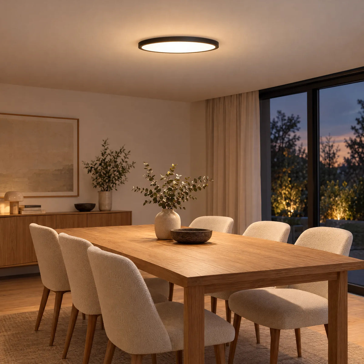 Plafonnier LED rond Evi noir allumé au-dessus d'une table en chêne