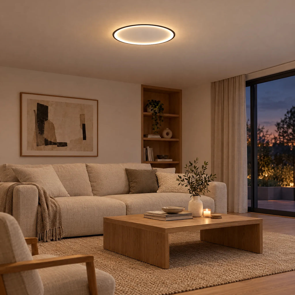 Plafonnier LED Beca noir allumé dans un salon