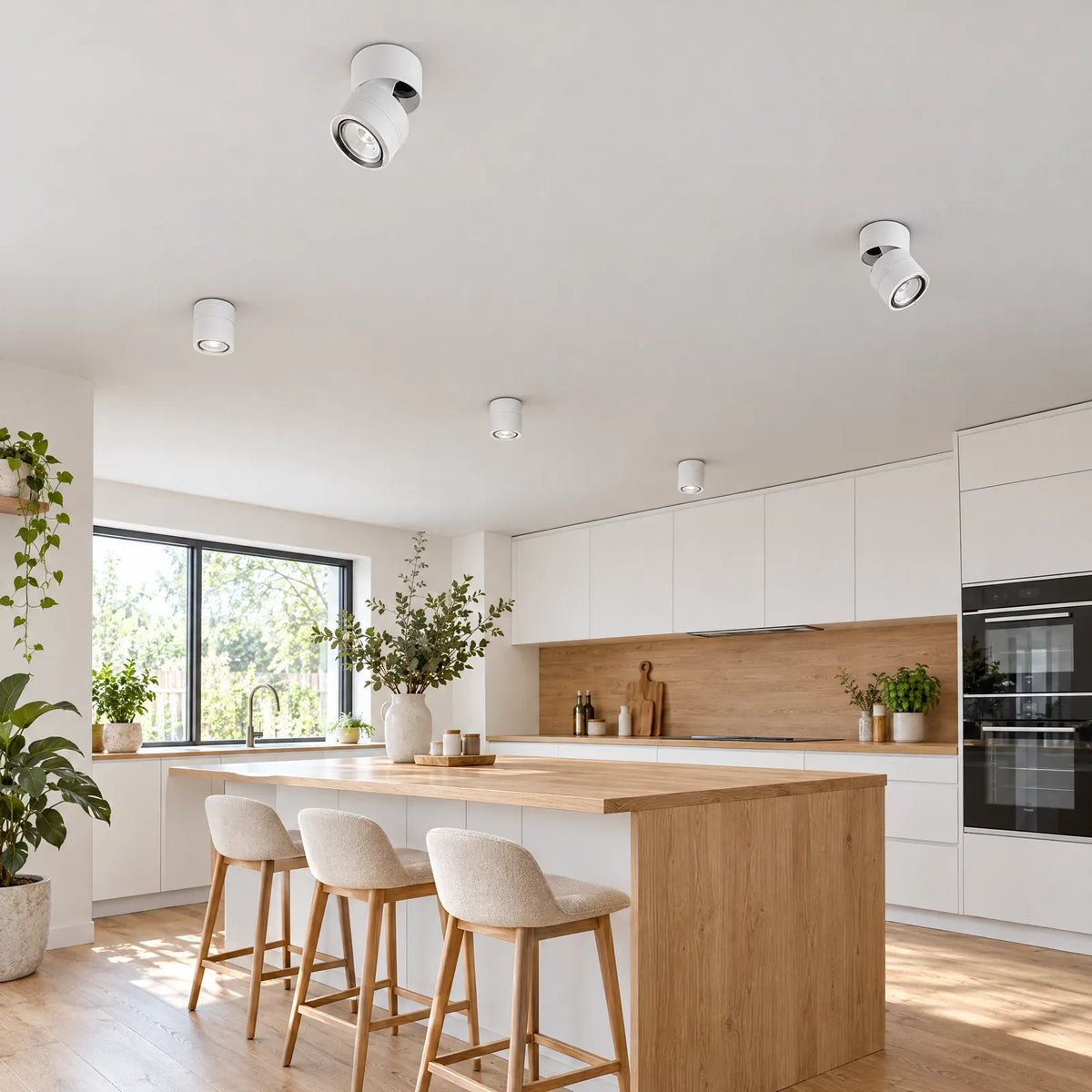 Spots Kols blancs au plafond d'une cuisine lumineuse