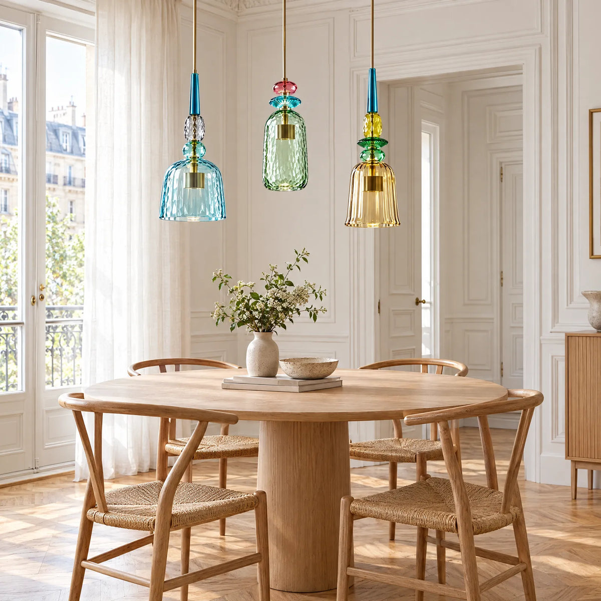 Suspensions en verre coloré Color au-dessus d'une table ronde en chêne