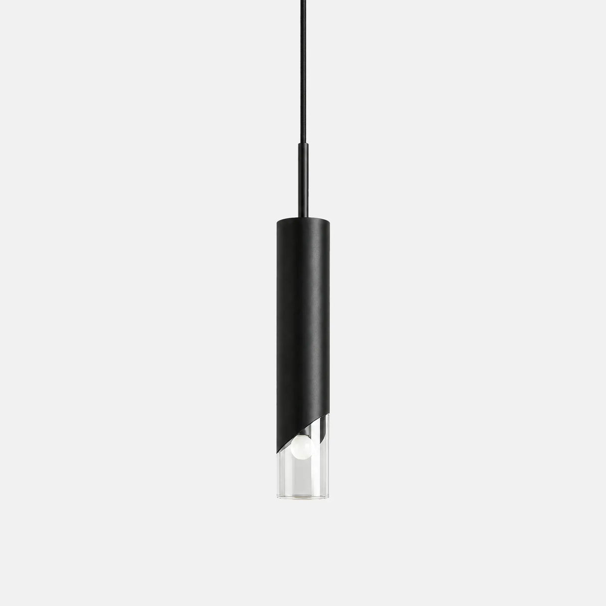 Suspension LED aluminium Luma noire, cylindre fin à embout en verre, sur fond uni