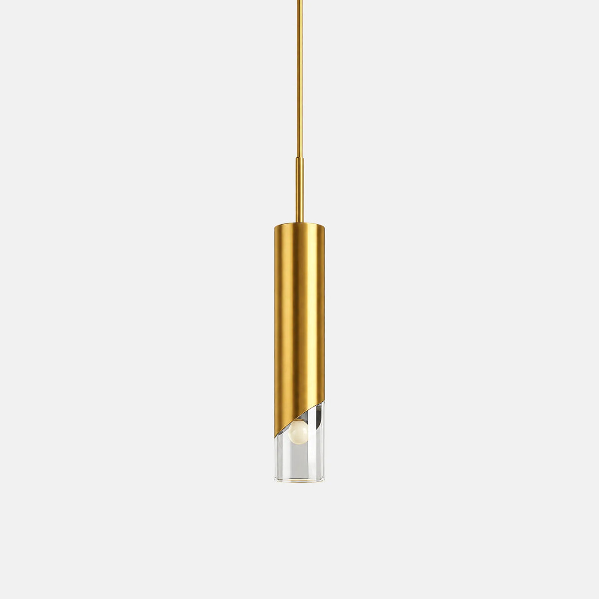 Suspension LED aluminium Luma dorée, cylindre fin à embout en verre, sur fond uni