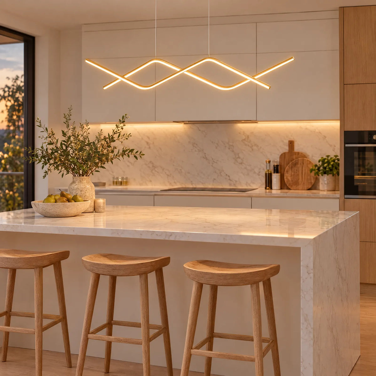 Suspension LED Ulis dorée allumée au-dessus d'un îlot de cuisine en marbre Image