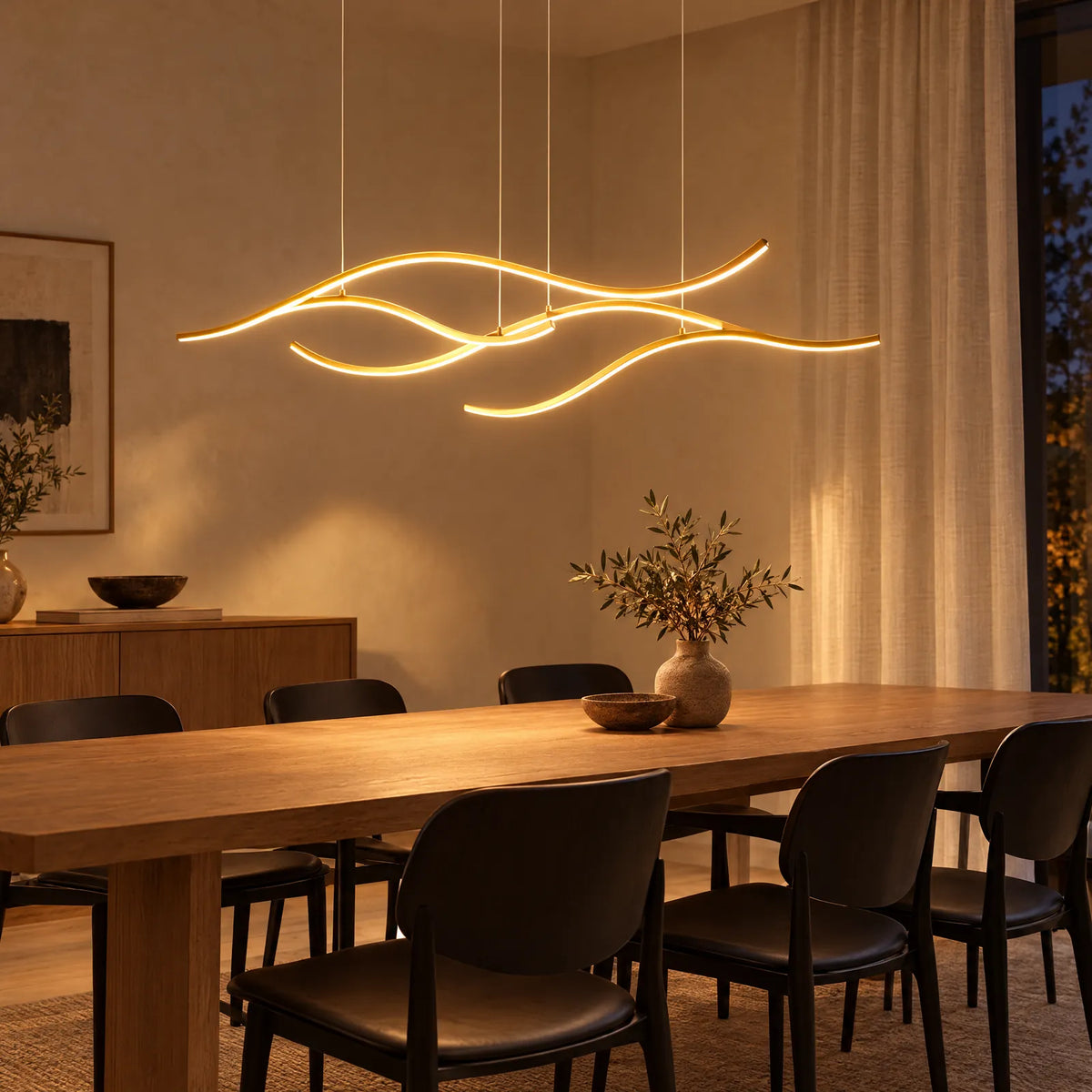 Suspension LED Arbra dorée allumée au-dessus d'une table en chêne
